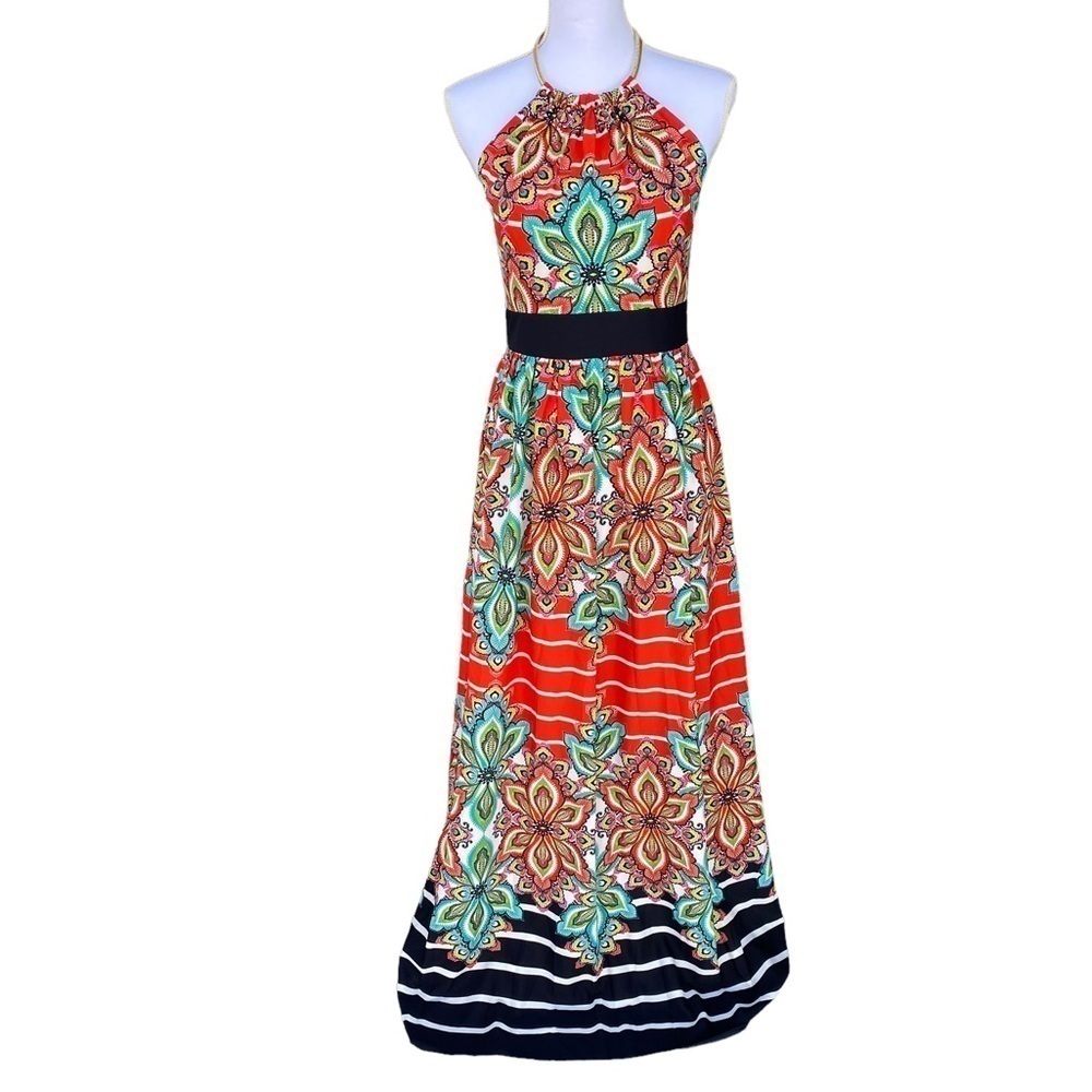 Eliza J Floral Striped Halter Maxi Dress Size 4 Bright Gold Chain Neckline GUC